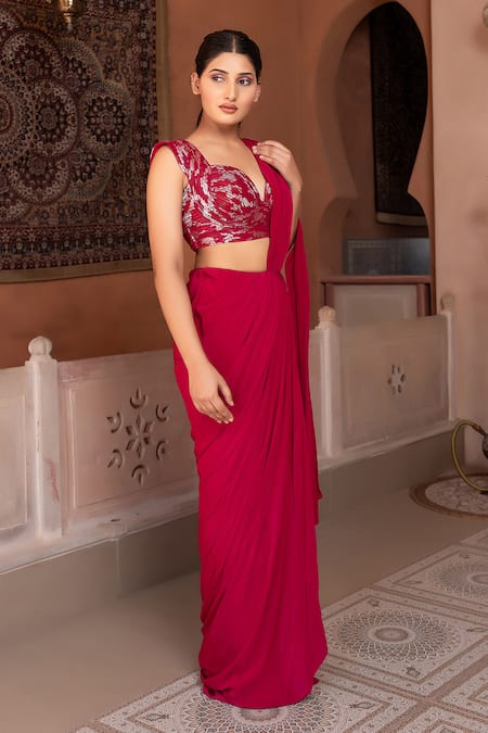Buy_Nidhi Kejriwal_Wine Crepe, Georgette Foil Printing Sweetheart Draped Saree With Wired Blouse _Online_at_Aza_Fashions