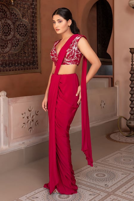 Shop_Nidhi Kejriwal_Wine Crepe, Georgette Foil Printing Sweetheart Draped Saree With Wired Blouse _Online_at_Aza_Fashions