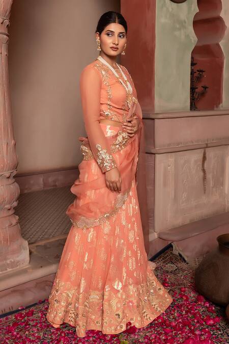 Buy_Nidhi Kejriwal_Peach Doriya, Organza Zari, Sequins, Peacock Hand Lehenga Saree And Blouse Set _Online_at_Aza_Fashions