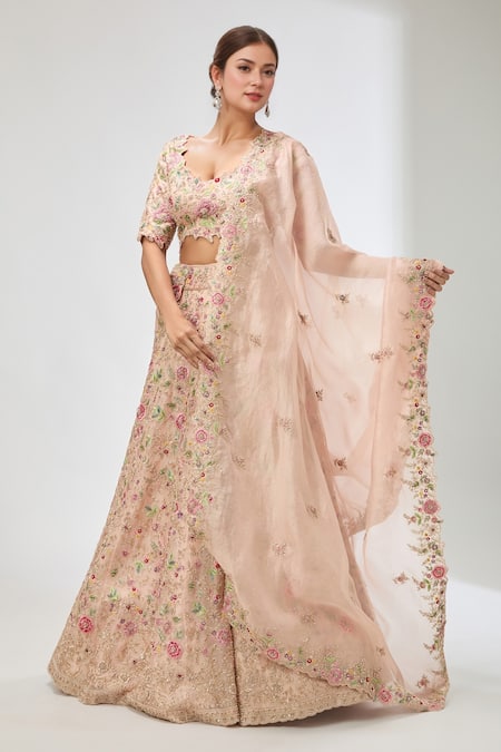 Azeera Peach Chiffon Diamonds, Sequins, Beads Scoop Neck Floral Embroidered Lehenga Set 