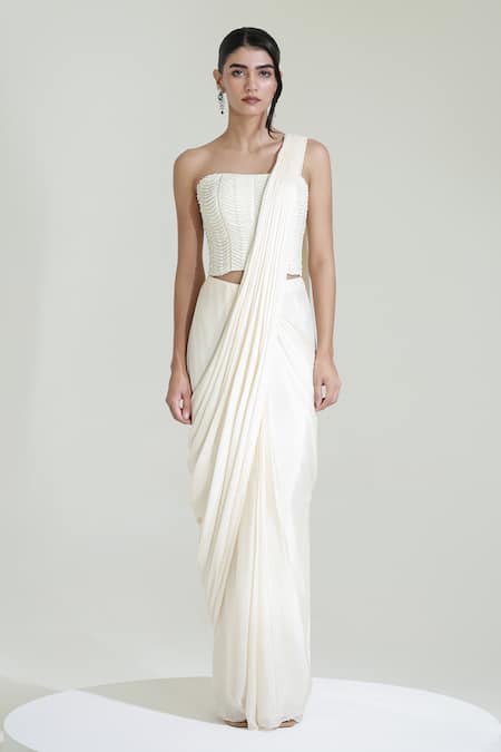 Libas Cafe by Nidhi & Ashish Shell Embroidered Pre-Draped Saree With Corset 