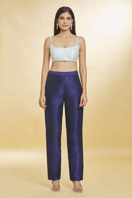 Samyukta Singhania Blue Silk Sequins Collared, Square Neck Color Block Embellished Blazer Pant Set Online at Aza Fashions Samyukta Singhania_Blue Silk Sequins Collared, Square Neck Color Block Embellished Blazer Pant Set _Online_at_Aza_Fashions