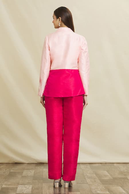 Shop Samyukta Singhania Pink Silk Sequins Square Neck Color Block Blazer Pant Set at Aza Fashions Shop_Samyukta Singhania_Pink Silk Sequins Square Neck Color Block Blazer Pant Set _at_Aza_Fashions