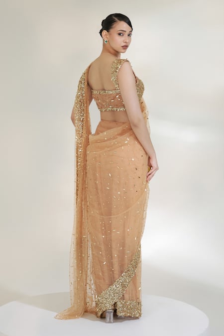 Libas Cafe by Nidhi & Ashish Golden Glam Pre-Draped Saree With Embroidered Blouse 