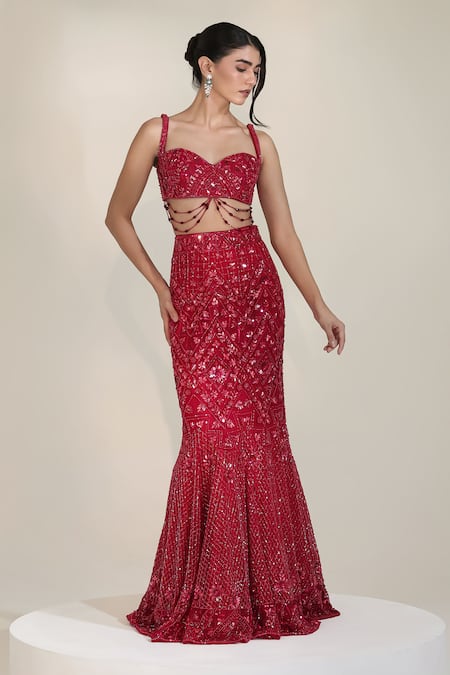 Libas Cafe by Nidhi & Ashish Red Net Stones, Embroidery, Beads, Pearls Majesty Mermaid Lehenga Set 