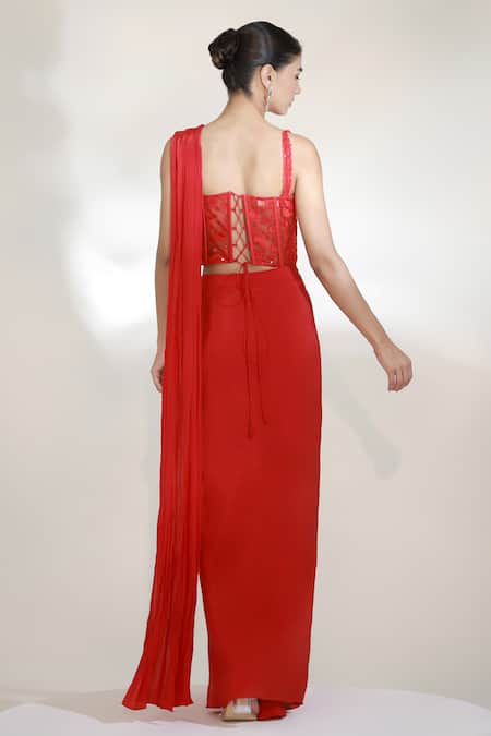 Libas Cafe by Nidhi & Ashish Crimson Pre-Draped Skirt Saree With Embroidered Blouse 