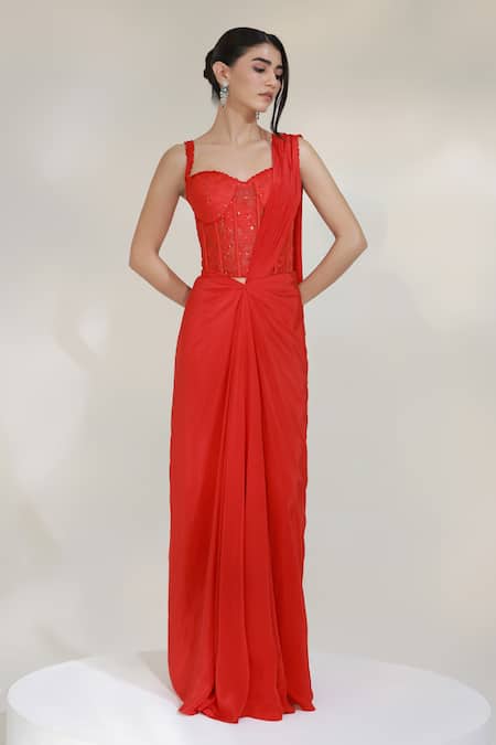 Shop_Libas Cafe by Nidhi & Ashish_Red Satin, Net Sequins, Embroidery Crimson Pre-draped Skirt Saree With Blouse _Online_at_Aza_Fashions