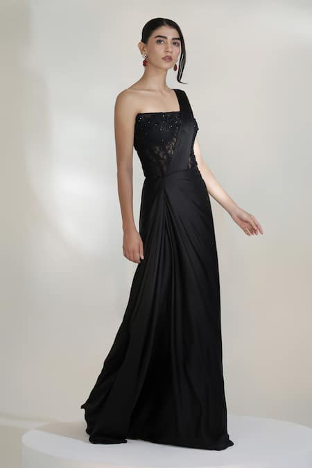 Buy_Libas Cafe by Nidhi & Ashish_Black Satin, Chantelle, Net Queen Pre-draped Skirt Saree With Embroidered Corset 