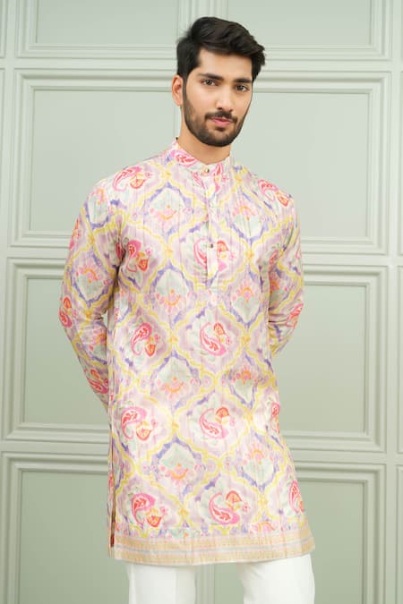 Buy_Niloufer By Aasif Ally_Beige Silk Dil Pasand Abstract Print Kurta And Pant Set _Online_at_Aza_Fashions