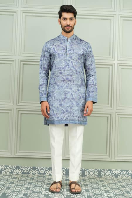 Buy_Niloufer By Aasif Ally_Blue Silk Dil Se Desi Printed Keri Motif Kurta And Pant _Online_at_Aza_Fashions
