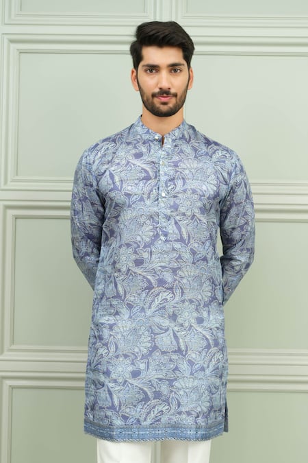 Buy_Niloufer By Aasif Ally_Blue Silk Dil Se Desi Printed Keri Motif Kurta And Pant 