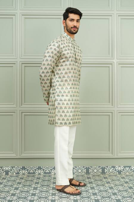 Niloufer By Aasif Ally_Green Silk Funtoosh Printed Kurta And White Pant Set _Online_at_Aza_Fashions