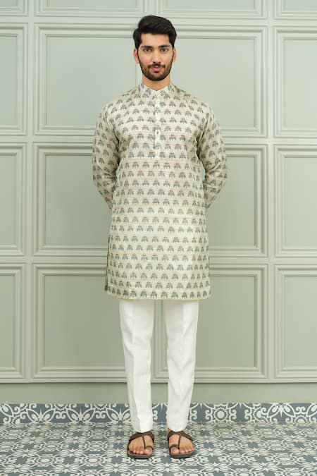 Buy_Niloufer By Aasif Ally_Green Silk Funtoosh Printed Kurta And White Pant Set _Online_at_Aza_Fashions