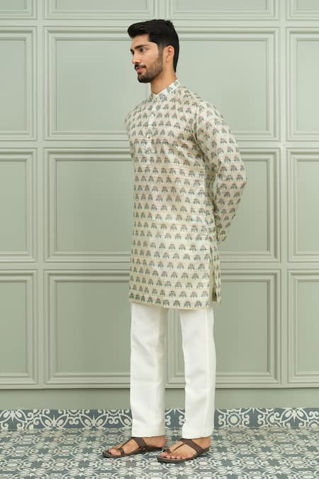 Shop_Niloufer By Aasif Ally_Green Silk Funtoosh Printed Kurta And White Pant Set _Online_at_Aza_Fashions