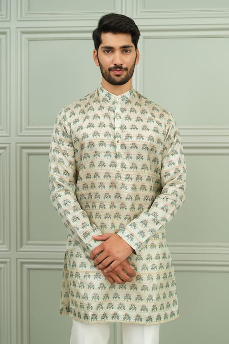 Buy_Niloufer By Aasif Ally_Green Silk Funtoosh Printed Kurta And White Pant Set 