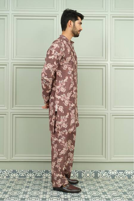Niloufer By Aasif Ally_Brown Silk Kesar Kasturi Printed Kurta And Pant Set _Online_at_Aza_Fashions