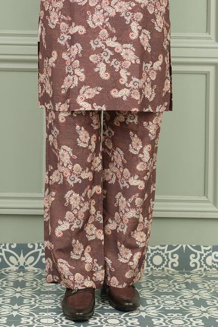 Buy_Niloufer By Aasif Ally_Brown Silk Kesar Kasturi Printed Kurta And Pant Set _Online_at_Aza_Fashions