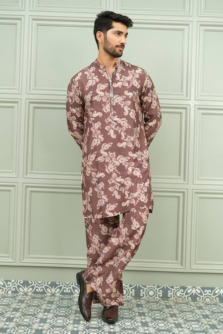 Shop_Niloufer By Aasif Ally_Brown Silk Kesar Kasturi Printed Kurta And Pant Set _Online_at_Aza_Fashions