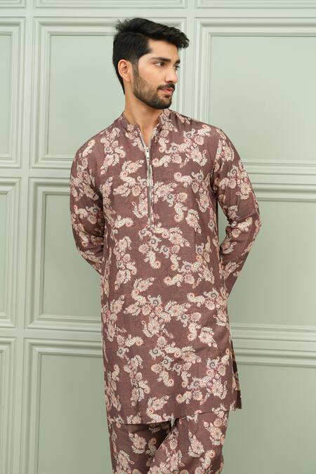 Niloufer By Aasif Ally_Brown Silk Kesar Kasturi Printed Kurta And Pant Set _at_Aza_Fashions