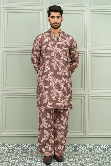 Buy_Niloufer By Aasif Ally_Brown Silk Kesar Kasturi Printed Kurta And Pant Set 