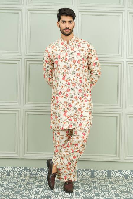 Buy_Niloufer By Aasif Ally_Cream Silk Lal Bagh Floral Printed Kurta And Pant Set _Online_at_Aza_Fashions
