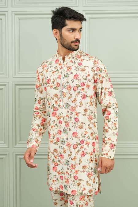 Shop_Niloufer By Aasif Ally_Cream Silk Lal Bagh Floral Printed Kurta And Pant Set _Online_at_Aza_Fashions