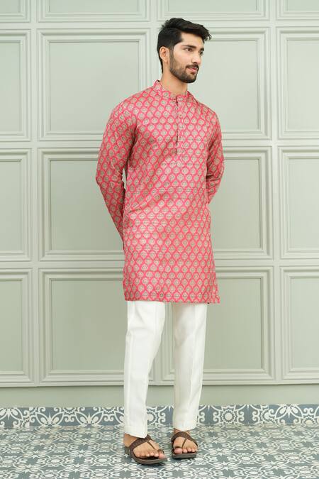 Buy_Niloufer By Aasif Ally_Red Silk Lal Pataka Printed Short Kurta And Pant Set _Online_at_Aza_Fashions