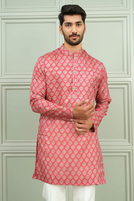 Shop_Niloufer By Aasif Ally_Red Silk Lal Pataka Printed Short Kurta And Pant Set _Online_at_Aza_Fashions