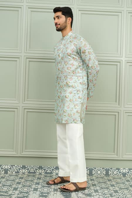 Niloufer By Aasif Ally_Mint Silk Mehfil Floral Print Kurta And Pant Set _Online_at_Aza_Fashions