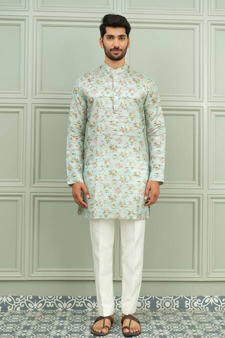 Buy_Niloufer By Aasif Ally_Mint Silk Mehfil Floral Print Kurta And Pant Set _Online_at_Aza_Fashions