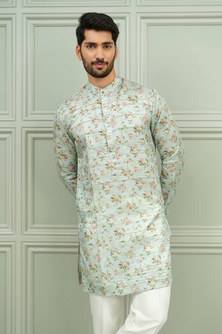 Shop_Niloufer By Aasif Ally_Mint Silk Mehfil Floral Print Kurta And Pant Set _Online_at_Aza_Fashions