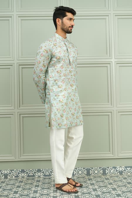 Niloufer By Aasif Ally_Mint Silk Mehfil Floral Print Kurta And Pant Set _at_Aza_Fashions