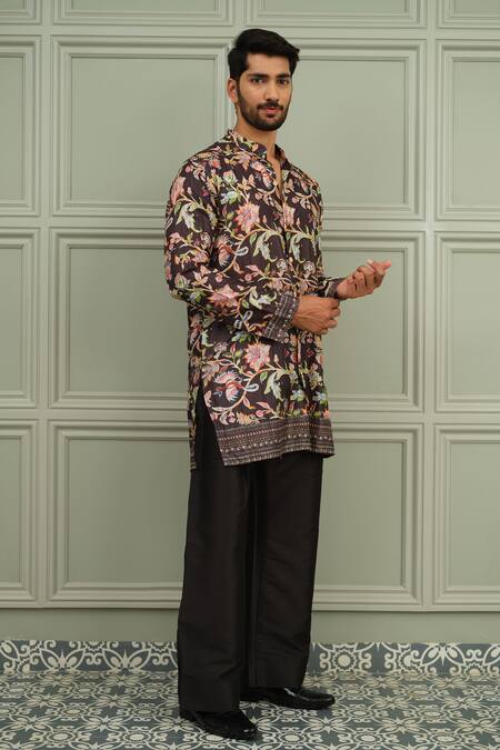 Buy_Niloufer By Aasif Ally_Black Silk Nawabi Twist Printed Kurta And Plain Pant Set _Online_at_Aza_Fashions