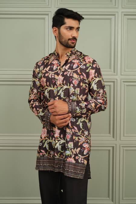 Niloufer By Aasif Ally_Black Silk Nawabi Twist Printed Kurta And Plain Pant Set _at_Aza_Fashions