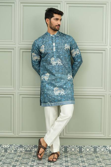 Buy_Niloufer By Aasif Ally_Blue Silk Neel Gaj Elephant Print Kurta And Pant Set _Online_at_Aza_Fashions
