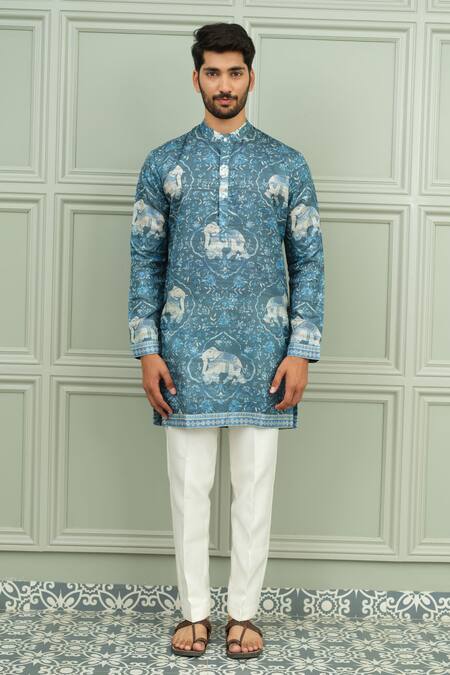 Shop_Niloufer By Aasif Ally_Blue Silk Neel Gaj Elephant Print Kurta And Pant Set _Online_at_Aza_Fashions