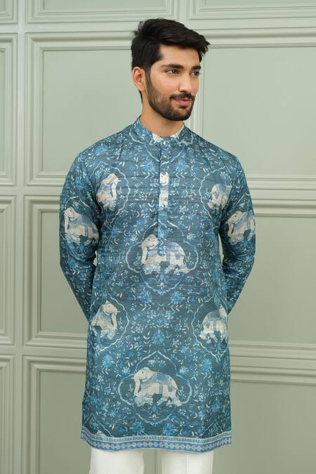 Niloufer By Aasif Ally_Blue Silk Neel Gaj Elephant Print Kurta And Pant Set _at_Aza_Fashions