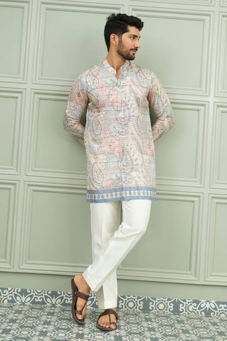 Buy_Niloufer By Aasif Ally_Blue Silk Raja Babu Printed Kurta And Pant Set _Online_at_Aza_Fashions