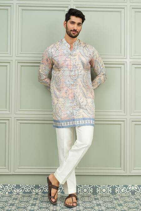 Shop_Niloufer By Aasif Ally_Blue Silk Raja Babu Printed Kurta And Pant Set _Online_at_Aza_Fashions