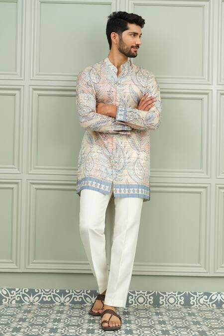 Niloufer By Aasif Ally_Blue Silk Raja Babu Printed Kurta And Pant Set _at_Aza_Fashions