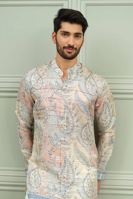 Shop_Niloufer By Aasif Ally_Blue Silk Raja Babu Printed Kurta And Pant Set 