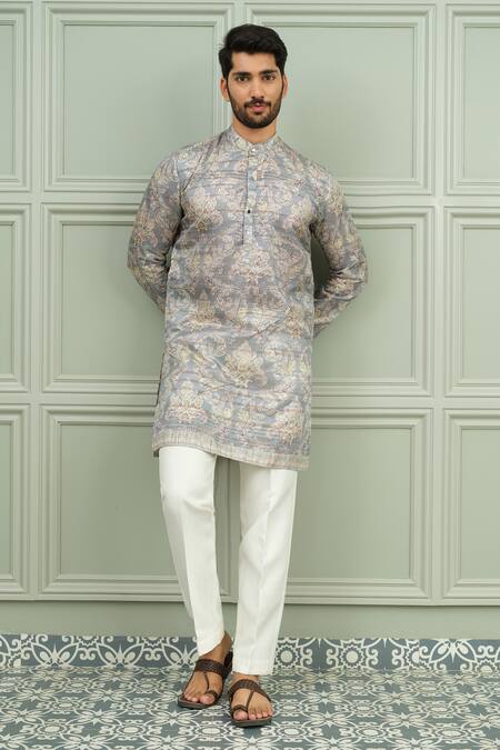 Buy_Niloufer By Aasif Ally_Gray Silk Shahkaar Printed Kurta And Pant Set _Online_at_Aza_Fashions
