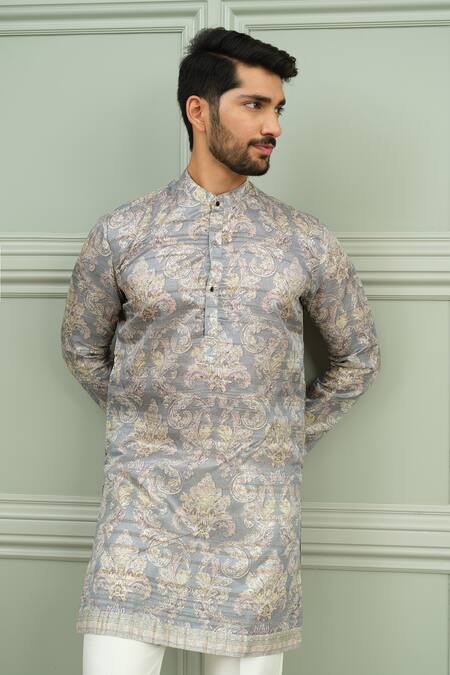 Shop_Niloufer By Aasif Ally_Gray Silk Shahkaar Printed Kurta And Pant Set _Online_at_Aza_Fashions
