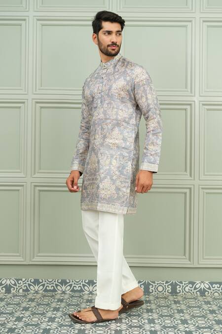 Niloufer By Aasif Ally_Gray Silk Shahkaar Printed Kurta And Pant Set _at_Aza_Fashions