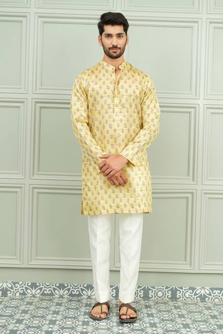 Buy_Niloufer By Aasif Ally_Yellow Silk Tashan Printed Buti Kurta And Pant Set _Online_at_Aza_Fashions