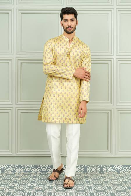 Niloufer By Aasif Ally_Yellow Silk Tashan Printed Buti Kurta And Pant Set _at_Aza_Fashions