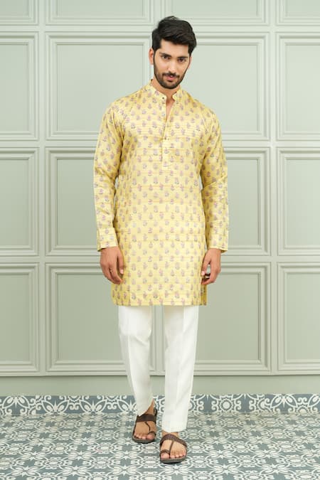 Buy_Niloufer By Aasif Ally_Yellow Silk Tashan Printed Buti Kurta And Pant Set 