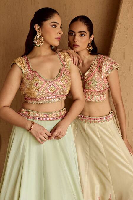 SUHINO_Ivory Tissue, Organza Embroidery, Mirrors, Sequins, Piping V-neck Lehenga Set _Online_at_Aza_Fashions