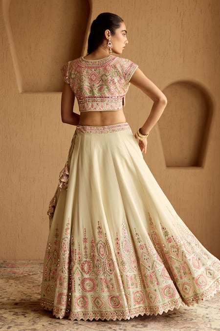 Shop_SUHINO_Ivory Tissue, Organza Embroidery, Mirrors, Sequins, Piping V-neck Lehenga Set _Online_at_Aza_Fashions