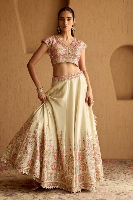 SUHINO_Ivory Tissue, Organza Embroidery, Mirrors, Sequins, Piping V-neck Lehenga Set _at_Aza_Fashions